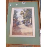 An unframed mounted watercolour, depicting a street market with many figures - indistinctly signed -