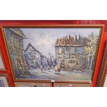 Bernard: a framed mid 20th Century oil on canvas depicting a Continental street scene with figures