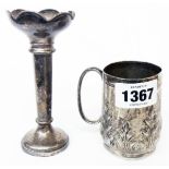 A Victorian silver christening mug with acanthus decoration and text - dents to foot - sold with a