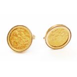 A pair of yellow metal cufflinks with claw set half sovereigns - 1904 & 1908