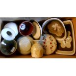 A box of assorted studio pottery including Marianne de Trey, David Leach, etc.