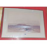 Ray Potter: a gilt framed watercolour depicting a coastal view with a beached rowing boat in the