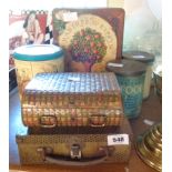 A collection of vintage tins including Huntley & Palmer picnic basket, Maison Lyons suitcase, etc.