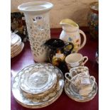 A Radford pottery jug, West German jug and studio pottery candle holder - sold with a part tea set