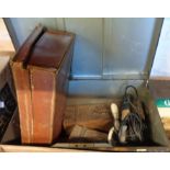 A deed box and another box containing various items including Lucerne trinket boxes, attaché case,