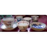 A Chinese two handled cup with saucer, two tea bowls, two saucers, two cups - various condition