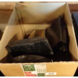 A box of assorted collectables including part ebony dressing table set, Rabone tape measure,