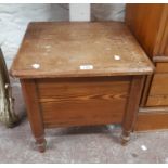 A Victorian pitch pine box commode with china liner - a/f