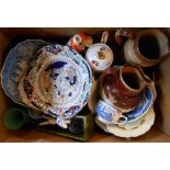 A box containing a Doulton Gladstone memorial jug, harvest ware jug, pair of Worcester plates,