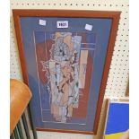 Brian Hollett: a framed mixed media abstract painting, depicting figures in oblong shaped panes -