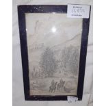 A small framed pencil and white pencil drawing on paper depicting mounted soldiers wearing Ottoman