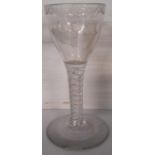 An antique cordial glass with floral and swag etched bowl and double opaque twist stem
