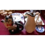 Assorted pottery including vintage Dutch Delft kitchen clock, cat teapot, Staffordshire relief