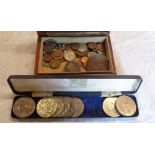 A small collection of coinage including 1679 Half Crown (brooched), US currency, etc.