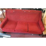 A 5' 8" retro three seater settee with remains of original red striped button back upholstery, set