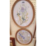 Marjorie Blamey: a pair of gilt framed oval watercolours, depicting perching birds and flowers -