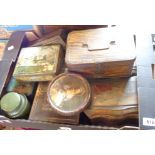 A box of ten assorted tins including Huntley & Palmer book, Macfarlane Lang Mozart tin, J & J Colman