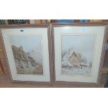 A pair of 19th Century watercolours, one depicting a thatched cottage with figures and the other