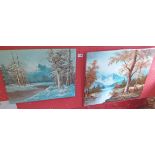 Two modern stretchered oils on canvas, both depicting river mountain landscapes - sold with a