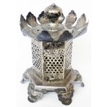 A 6 1/2" early 20th Century Chinese Wang Hing 90 grade white metal cricket cage of faceted pagoda