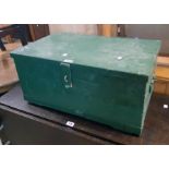 A 26 1/2" 20th Century green painted pine and iron bound tool chest with heavy latch and flanking