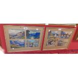 A pair of framed four image watercolours depicting various buildings and bridges in landscapes