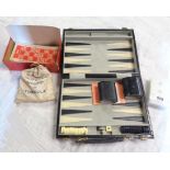 A vintage cased backgammon dice game - sold with a boxed Lotto game and a pack of playing cards