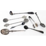 A small quantity of silver cutlery items including silver nips, small ladle and plated Islamic
