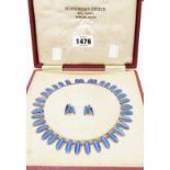A cased vintage Norwegian marked 925S Sterling blue enamelled necklace and pair of ear-rings