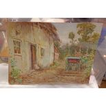 Clara Knight: an unframed watercolour, depicting a child sat on steps in a summer garden - signed