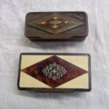 A horn snuff box with inset tortoiseshell and bone panels - sold with a rustic similar