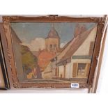 A gilt framed early 20th Century oil on panel, depicting a French provincial town street view -