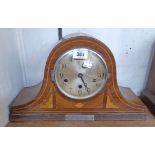 A 1930`s inlaid walnut cased Napoleon hat mantel clock, bearing presentation plaque - a/f