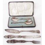 A silver fruit knife and fork, silver fish knife - various damage - sold with a cased pair of