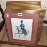 Thirteen matching gilt framed and slipped coloured prints, depicting 19th Century cavalry officers -