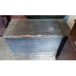 A 36 1/2" old stained pine lift-top box with flanking iron drop handles - a/f