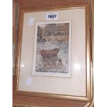 Laurie Rudling: a gilt framed pencil signed colour etching "Red Boat", limited edition 2/75