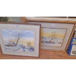 Clive Pryke: two framed winter view watercolours, one with church and cottage, the other a stone
