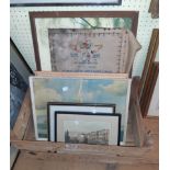 A small collection of framed book plates and other prints - sold with a 1927 sampler - prints