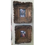 A pair of small ornate gilt gesso picture frames containing modern reprints to take 4 3/4" X 3 3/4"