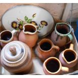 Various terracotta jugs, salt glazed storage jar, etc.