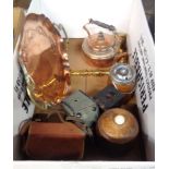 A box of assorted collectables including box cameras, copper tray, candlesticks, etc.