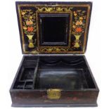 A 21" late 18th Century Chinese lacquered lift-top travelling case with partitioned and drawer