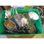 A quantity of silver plated items including a 1930`s three piece tea set, flip-top glass jar and