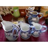 Assorted china including a set of three graduated relief moulded jugs, a decorative tile-set