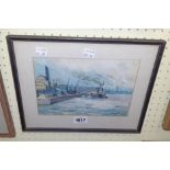 Gwen Richards: a Hogarth framed oil on paper, depicting a dockland landscape from the river -