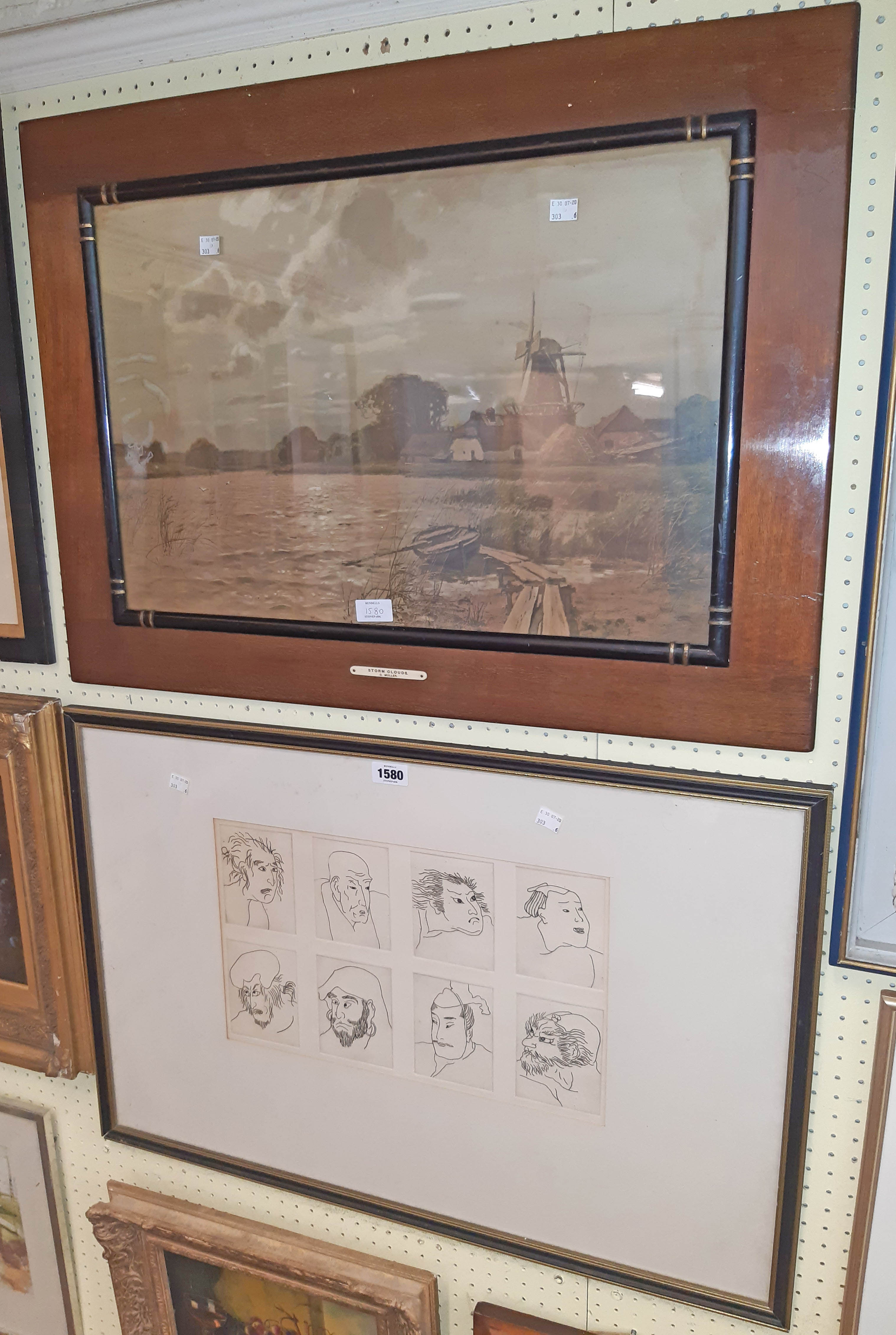 A Hogarth framed eight image on block pressed paper, depicting ink drawn line sketches of Oriental