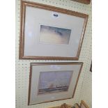 Two gilt framed coloured prints, one depicting coastal shipping, the other The Thames river at