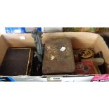 A box of assorted collectables including tins, dominoes, call bell, etc.