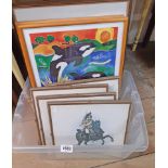 A quantity of framed decorative prints including colourful images of dolphins and killer whales, and